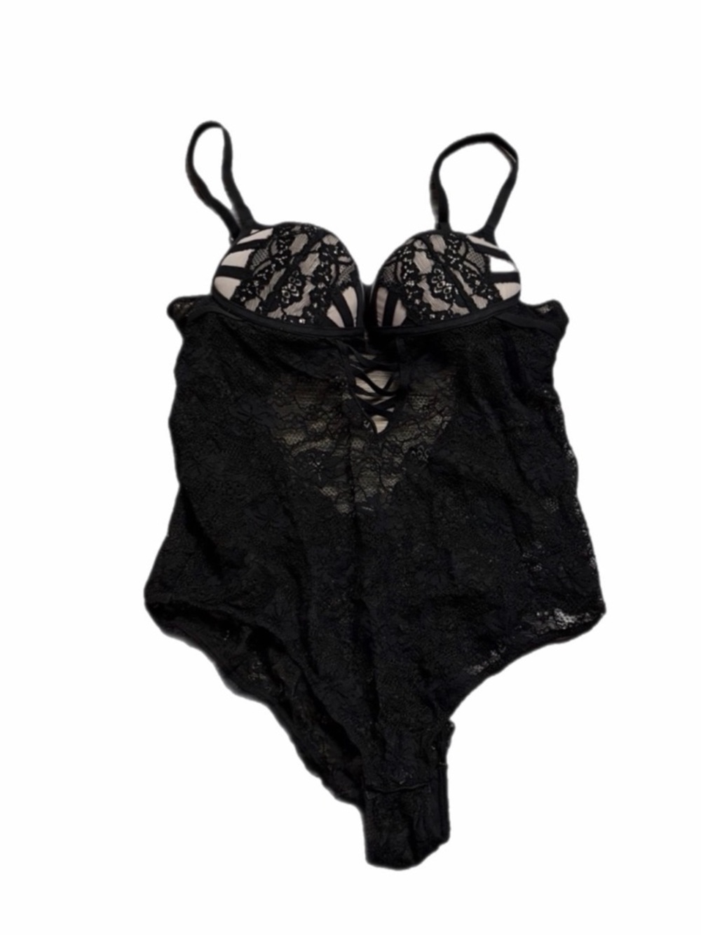 90s/Y2K European Vintage Floral Lace Strappy Push-Up Bodysuit (Black/White) M
